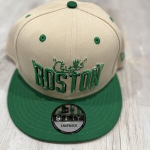 New Era 9Fifty Snapback Hat Boston Celtics Beige Green Embroidered‎ Logo NBA Cap